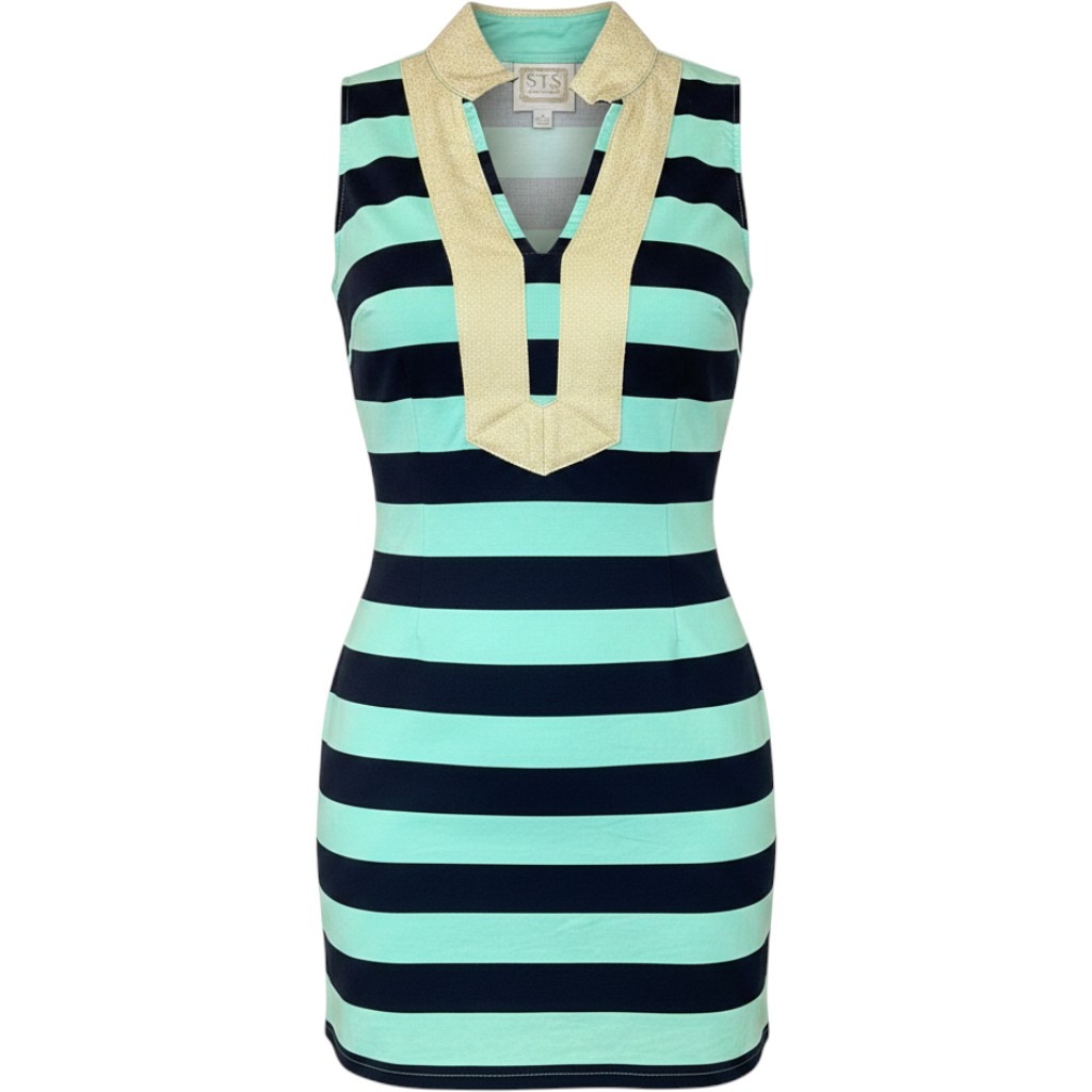 Sail To Sable Womens Small Mint Navy Striped Sleeveless Tunic Dress Gold Trim